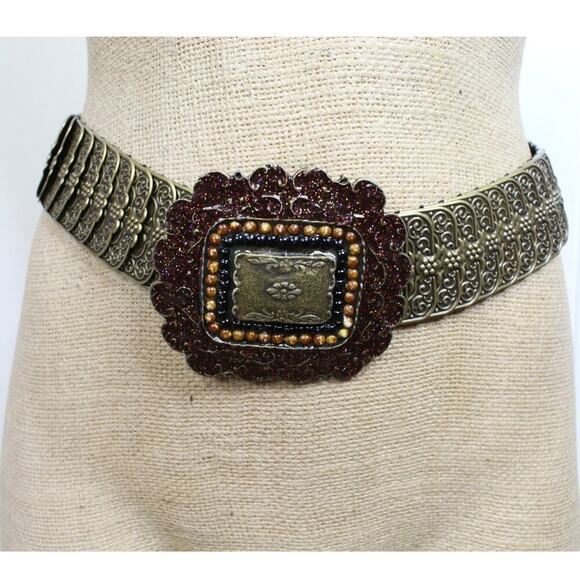Source Unknown Accessories - Boho Style Intricate Metal Stretchy Belt with Large‎ Enamel and Beaded Buckle